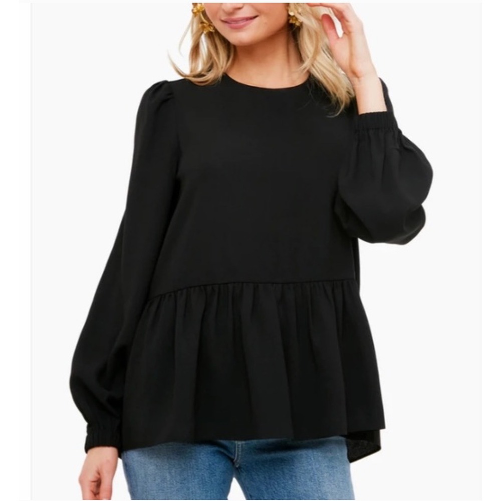 Tuckernuck Carlota Pomander Place Black Long Sleeve Peplum Top Puff Shoulder XS